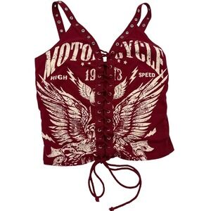 Fashion Nova Motorcycle Graphic Lace Up Tank Top Sleeveless Biker Alt Red Small